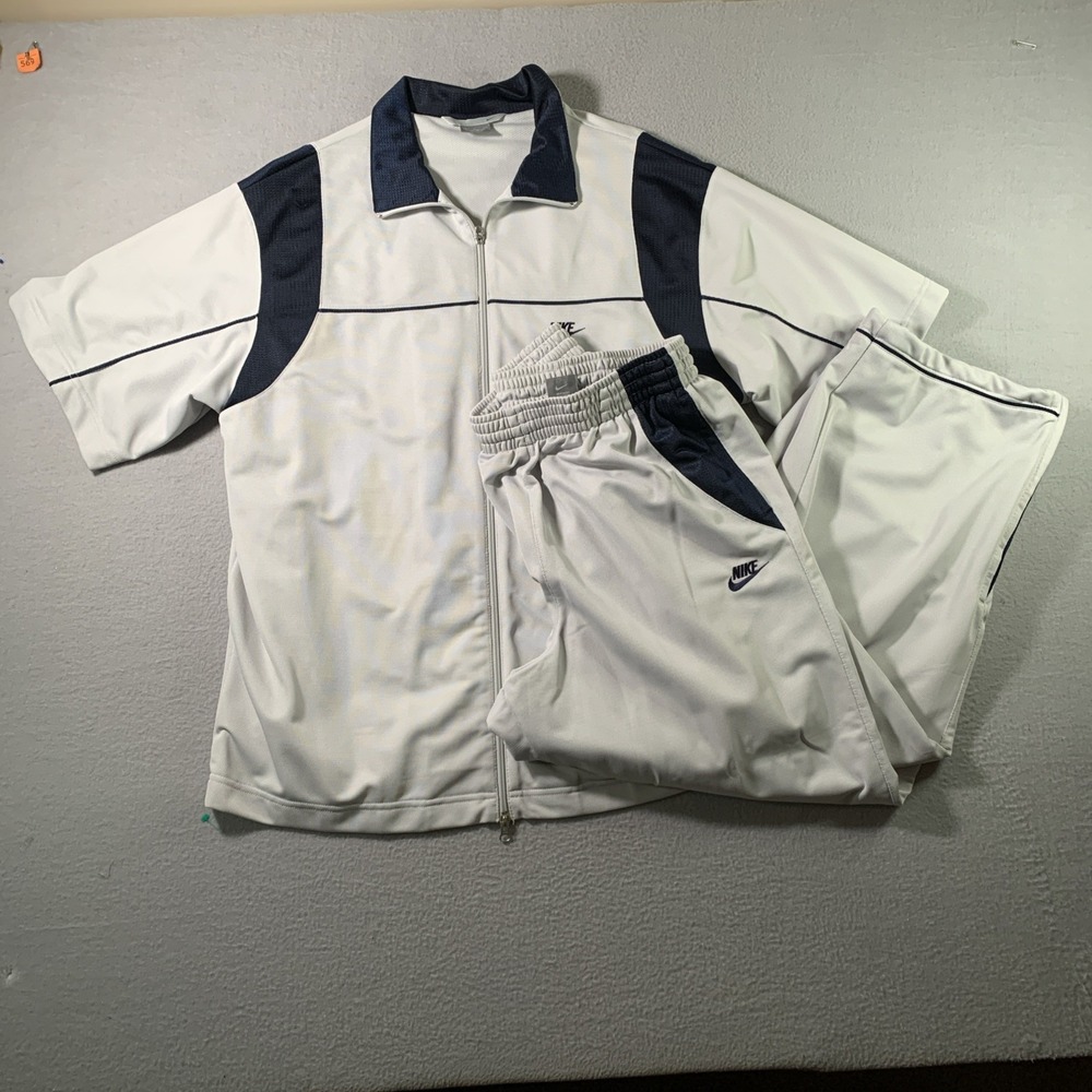 Vtg Nike Tracksuit Set Mens XL Short Sleeve Jacket L Pants Gray Navy Blue Y2K